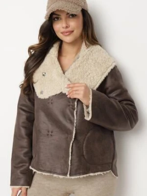 Brązowa Kurtka Biker o Pudełkowym Kroju z Wysokim Kołnierzem i Futerkiem Liolaine ann gissy