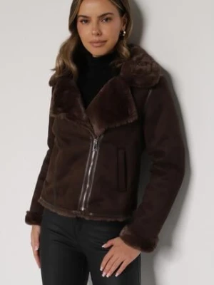 Brązowa Kurtka Biker z Imitacji Zamszu z Futrzanymi Mankietami i Kołnierzem Awedine