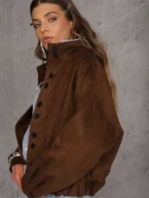 Brązowa Kurtka Bomber Jacket Ozdobiona Guzikami Quilimi