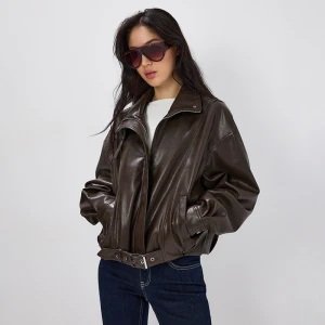 Brązowa kurtka bomber ze sztucznej skóry z wysoką stójką House