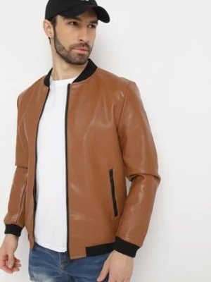 Brązowa Kurtka Bomberka z Imitacji Skóry i Zasuwanymi Kieszeniami Rihella