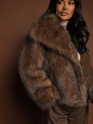 Brązowa Kurtka Futerko o Jednorzędowym Kroju z Szerokim Kołnierzem Dezile belcci