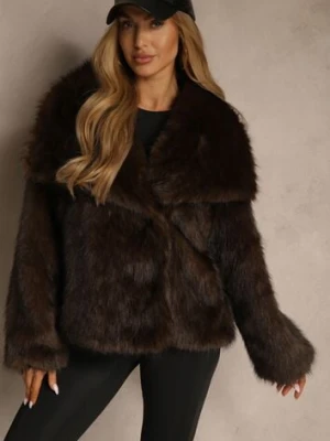 Brązowa Kurtka Futerko o Kroju Oversize z Szerokim Kołnierzem Reissa