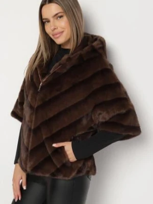 Brązowa Kurtka Futerko Oversize z Kapturem i Rękawami 3/4 Idanne melya by melody