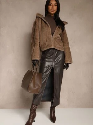 Brązowa Kurtka Futerko Typu Teddy z Nieodpinanym Kapturem Lanikka ann gissy