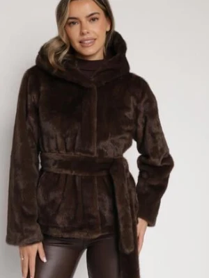 Brązowa Kurtka Futerko z Kapturem i Wiązanym Paskiem Zetara