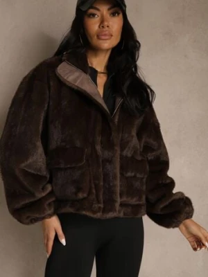 Brązowa Kurtka Futerko z Ozdobnymi Kieszeniami Vetiline