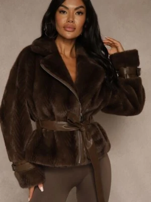 Brązowa Kurtka Futerko z Paskiem z Imitacji Skóry Zdobiona Klamerkami Jynlisa