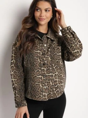 Brązowa Kurtka Jeansowa o Koszulowym Kroju w Panterkowy Print Cesina melya by melody