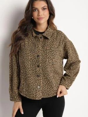 Brązowa Kurtka Jeansowa w Drobne Cętki o Koszulowym Kroju Cesisia melya by melody