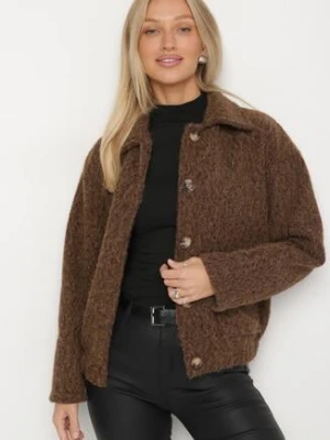 Brązowa Kurtka Koszulowa z Gumką w Pasie Stylizowana na Wełnianą Unelises new collection