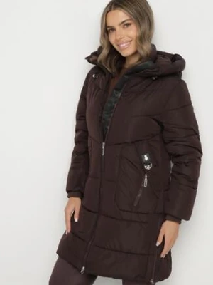 Brązowa Kurtka Pikowana z Kapturem i Suwakami po Bokach Lindrie j.style