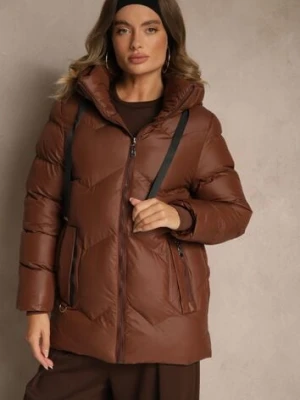 Brązowa Kurtka Pikowana z Kapturem i Sznurkami Oleanesa j.style