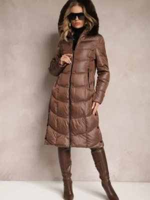 Brązowa Kurtka Płaszcz za Kolano z Pikowaniem i Odpinanym Kapturem Calarin j.style