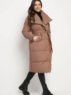 Brązowa Kurtka Płaszcz Zapinana na Napy Ukryte pod Plisą z Kieszeniami i Paskiem Ritallas j.style