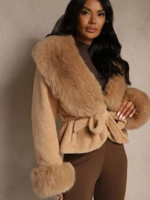 Brązowa Kurtka Pluszowa Ozdobiona Futerkiem i Wiązanym Paskiem w Talii Aravitte ann gissy