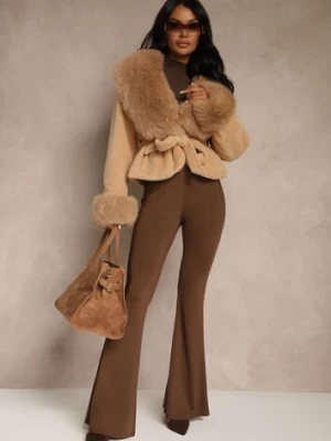 Brązowa Kurtka Pluszowa Ozdobiona Futerkiem i Wiązanym Paskiem w Talii Aravitte ann gissy