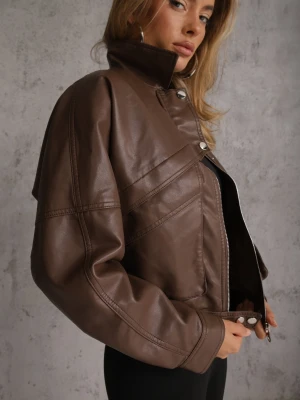 Brązowa Kurtka Przejściowa Ramoneska w Stylu Bomber Jacket z Kołnierzykiem Rajvia Swest Beżowy
