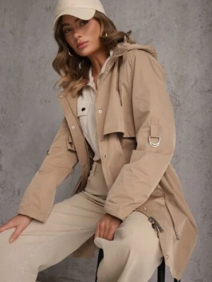 Brązowa Kurtka Przejściowa Typu Parka z Odpinanym Kapturem Ozdobiona Sznurkami Fallaiah