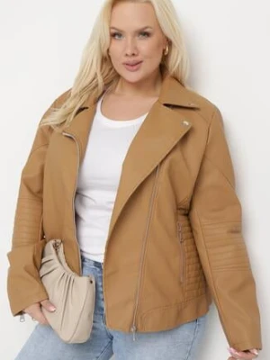 Brązowa Kurtka Ramoneska z Ekoskóry z Ozdobnymi Paskami na Napy Bellassa christy