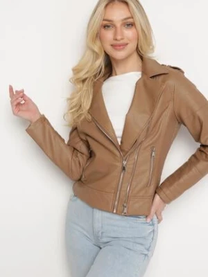 Brązowa Kurtka Ramoneska z Ekoskóry Zapinana Asymetrycznie na Suwak z Przeszyciami Passaflora glo-story