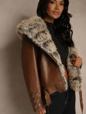 Brązowa Kurtka Ramoneska z Kapturem z Futrem z Możliwością Odpięcia Aplinna