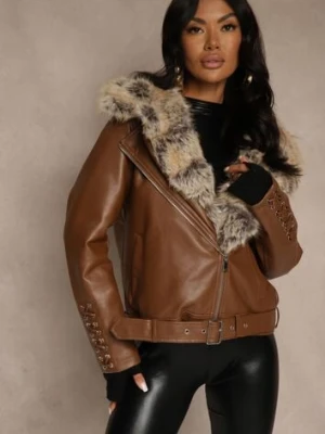 Brązowa Kurtka Ramoneska z Kapturem z Futrem z Możliwością Odpięcia Aplinna