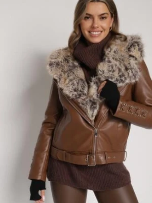 Brązowa Kurtka Ramoneska z Odpinanym Kapturem i Futrem Aplonna