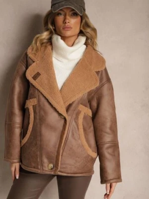 Brązowa Kurtka Typu Biker o Kroju Oversize z Futrzaną Podszewką i Guzikami Nikilina ann gissy