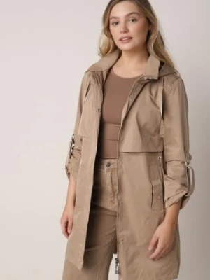 Brązowa Kurtka w Stylu Parki z Odpinanym Kapturem i Sznurkami Enang