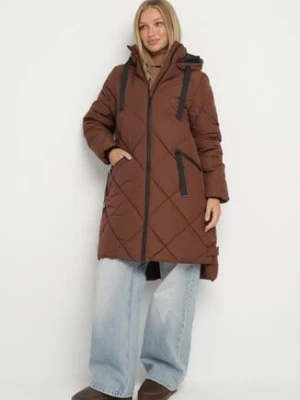 Brązowa Kurtka z Kapturem i Kieszeniami w Kraciaste Pikowane Przeszycia Ettaline