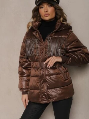 Brązowa Kurtka z Kapturem i Marszczonym Paskiem Zdobiona Frędzlami i Pikowaniem Sanathra lovery