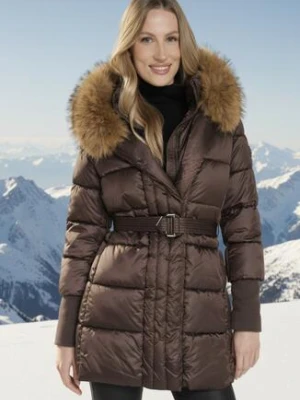 Brązowa Kurtka z Pikowanymi Przeszyciami Paskiem i Kapturem z Futrem Lidanessa