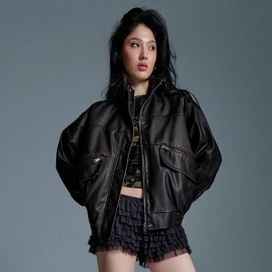 Brązowa kurtka ze sztucznej skóry ze stójką w stylu vintage House