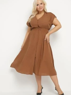 Brązowa Lniana Sukienka o Rozkloszowanym Kroju z Gumką w Talii Ageronna