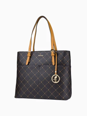 Brązowa logowana shopperka z ozdobnymi kieszeniami i brelokiem Puccini