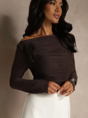 Brązowa Marszczona Bluzka z Siateczki Zdobiona Aplikacją w Kształcie Róży Olirisa elsa.m by may