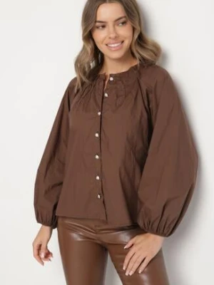 Brązowa Marszczona Koszula Bawełniana w Stylu Retro z Biżuteryjnymi Guzikami Zenorae bisou's project