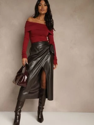 Brązowa Marszczona Spódnica z Imitacji Skóry o Kopertowym Kroju z Wiązaniem Seoselle