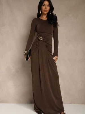 Brązowa Marszczona Sukienka Koktajlowa Zdobiona Aplikacją w Talii Siweda