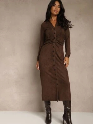 Brązowa Marszczona Sukienka z Imitacji Zamszu o Koszulowym Kroju Esora bisou's project