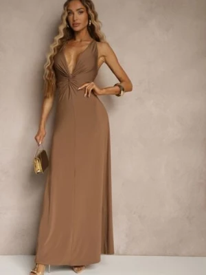 Brązowa Marszczona Sukienka z Wiskozą o Rozkloszowanym Fasonie Bez Rękawów Folonea by swan