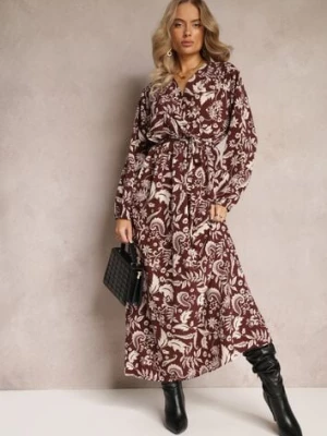 Brązowa Maxi Sukienka w Modny Print o Rozkloszowanym Kroju z Gumką w Talii Sindis
