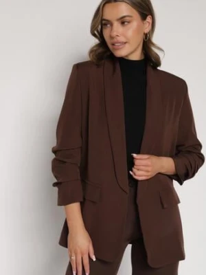 Brązowa Niezapinana Marynarka Pudełkowa z Wiskozą z Marszczonymi Rękawami Feniravia