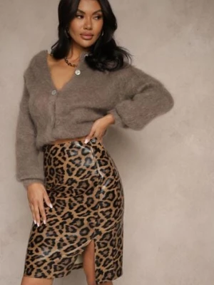 Brązowa Ołówkowa Panterkowa Spódnica Ozdobiona z Boku Rozcięciem Tamelis by may