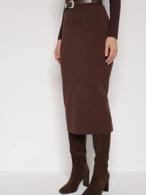 Brązowa Ołówkowa Spódnica z Wiskozą Zdobiona Rozcięciem i Paskiem Rowedela