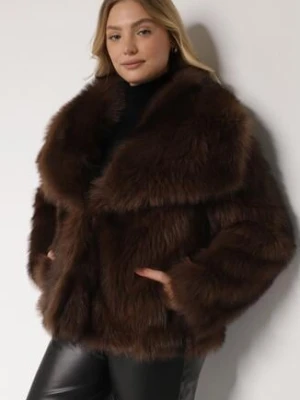 Brązowa Oversizowa Kurtka Futerko z Szerokim Kołnierzem Lenelle ann gissy