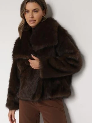 Brązowa Oversizowa Kurtka Futerko z Szerokim Kołnierzem Reilia