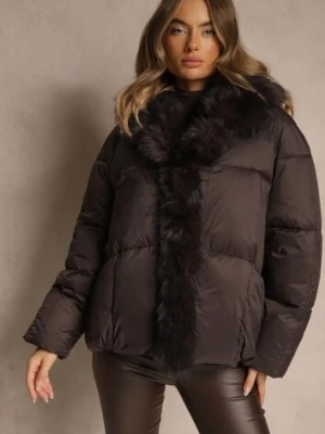 Brązowa Oversizowa Kurtka z Pikowanymi Przeszyciami i Futrem Silvitila yu & me