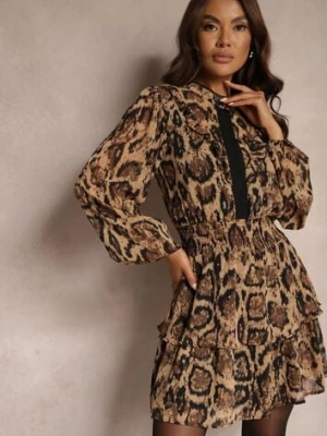 Brązowa Panterkowa Sukienka o Rozkloszowanym Kroju ze Stójką i Falbankami Labrette retro & icone